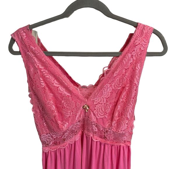 Alcea Rosea Womans Pink Lace Detail V Neck Maxi Slip Dress Nightgown M Coquette - Picture 2 of 8